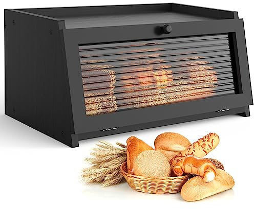 LOHASOK Brotbox für Küche Arbeitsplatte Große Brotbox Bauernhaus Brotbehälter Brotaufbewahrung mit Fenster Brothalter Schwarz