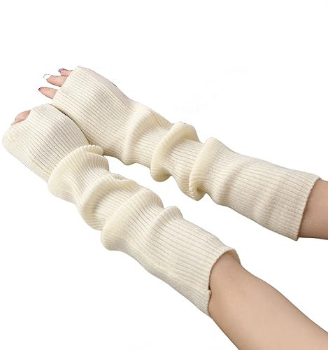 OTKARXUS Women Long Fingerless Gloves,1Pair Knit Long Sleeve Arm Warmers,Winter Warner Elbow Length Mittens with Thumb Hole for Ladies Women Girls (White)