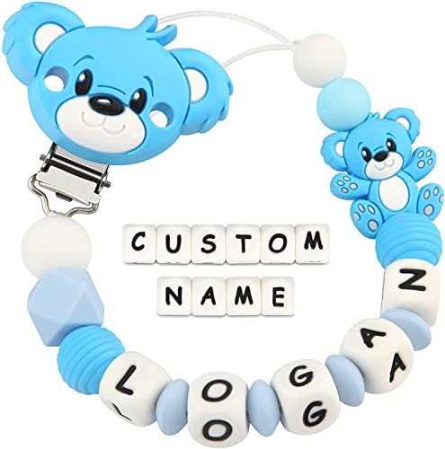 Kowlone Schnullerkette mit Namen Jungen mädchen Personalisiert Teddy Bär Schnuller Clips Halter(Blau)