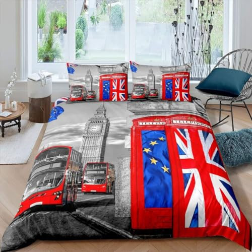 Londoner Telefonzelle Bettwäsche 140x200 cm Weich Microfaser Bettwäsche-Sets Big Ben Bettbezug 3D Bettbezüge mit Reißverschluss und 2 Kissenbezug 80x80 cm, A6482