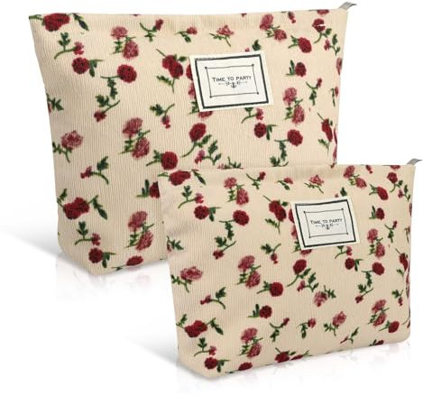 Newofview Lot de 2 trousses de toilette en velours côtelé - Portable - Avec fermeture éclair - 2 tailles - Pour femme et fille, Beige rose., Sac de rangement portable simple et élégant pour trousse de