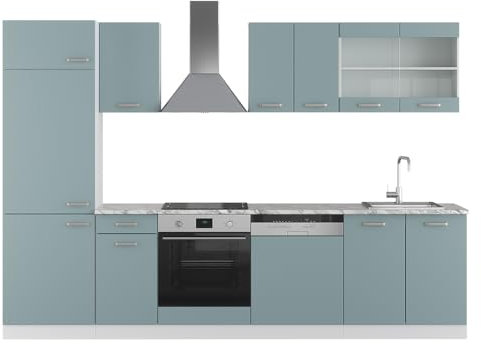Vicco Küchenzeile R-Line, Küchenblock, Blau-Grau/Weiß, 300 cm, AP Marmor