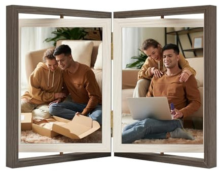 DECOCIAGA Doppelseitiger Bilderrahmen, 12,7 x 17,8 cm, aus Holz, personalisierbar, mehrere Familienfotorahmen, stehend für Schreibtisch, Zuhause, Tischdekoration, Grau und Weiß