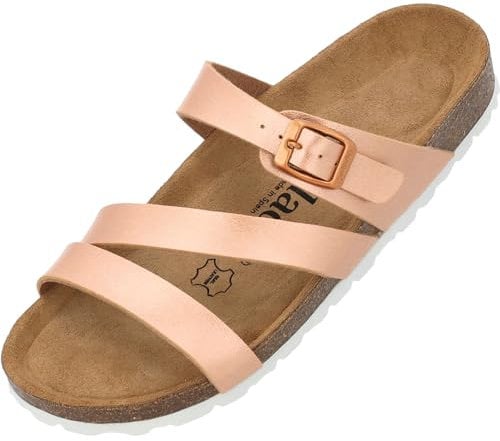 Palado Pantoletten Damen Ikaria – bequeme Sandalen Made in Spain - Hausschuhe mit dämpfendem Kork-Fußbett - modische Sommerschuhe Rose Metallic UK8 - EU41