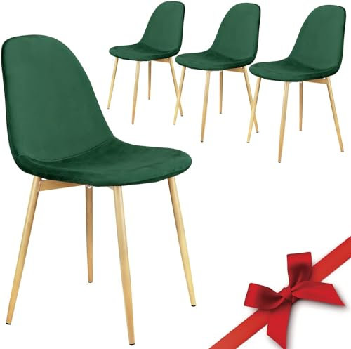 GroBKau Sillas de Comedor Pack 4, Estilo Retro Escandinavo, Sillas de Cocina, Asiento de Terciopelo, Patas de Metal, Apto para Comedor, Cocina y Oficina - Verde Oscuro