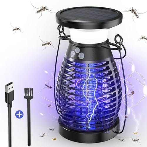 Solar Mata Mosquitos Electrico, 3 IN 1 UV Lampara Antimosquitos, 4200V USB Recargable Lampara Mosquitos Interior, Impermeable Atrapa Moscas Exterior para Dormitorio Cocina Jardín Camping, Violeta