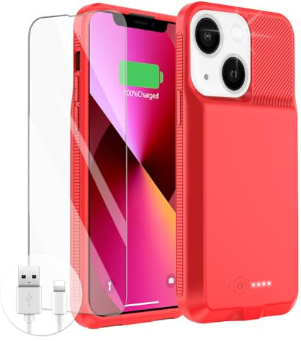 Battery Case for iPhone 13/13 Pro/14/14 Pro, Ultra-Slim Charging Case Real 7000mAh Rechargeable Anti-Fall Protection Extended Charger Cover for iPhone 13/13Pro/14/14 Pro Battery Case(6.1 inch)Red