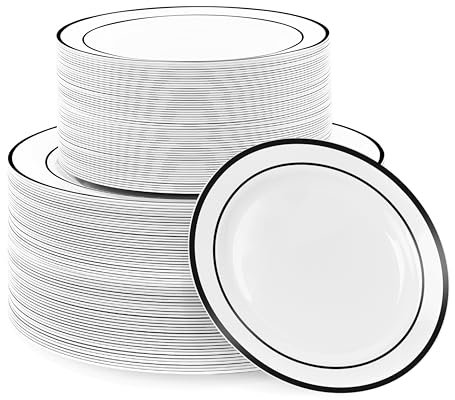 MATANA 120 Platos de Plástico Blanco Premium con Borde Negro, 2 Tamaños - Elegantes y Reutilizables - Vajilla Resistente e Irrompible para Bodas, Cumpleaños, Catering, Fiestas