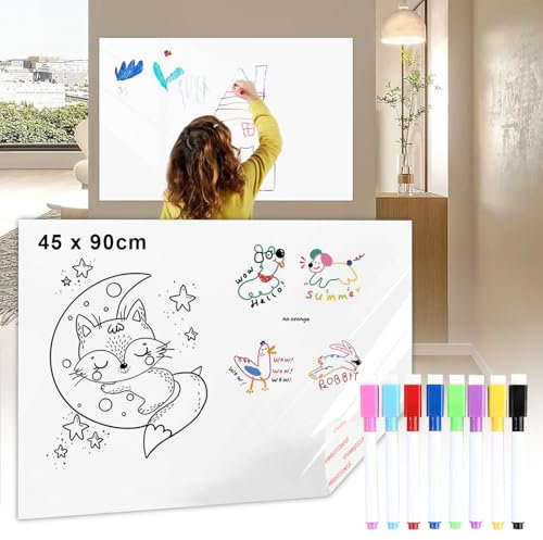Joaecosmhui Tableau Blanc Auto-adhésif (45 x 90cm), Tableau Blanc Effacable Ultra-flexible avec 8 Marqueurs Effaçables, Facile à Coller et Décoller, Sans Résidu pour Plannings de Repas, Cuisine Liste