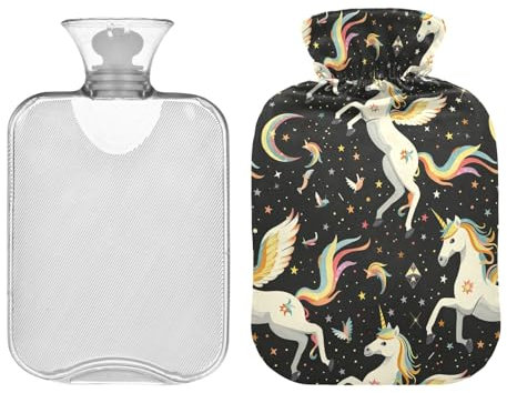 Bouillotte licorne blanche avec étoiles avec housse souple 1 L durable pour soulager les crampes menstruelles, le cou, les épaules, le dos