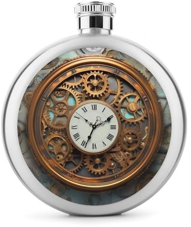 Edelstahl-Flachmann, 142 ml, rostige Steampunk-Uhr, Taschenflasche, Likörflasche, auslaufsicher, Trinkflasche, Schraubverschluss, für Alkohol, poliert, Camping, Outdoor