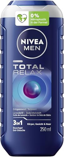 NIVEA MEN Total Relax Shower Gel, pH Neutral Shower Gel with Cedar Wood Fragrance for Men, Relaxing Formula with Lavender Oil for Body, Face and Hair (250 ml)