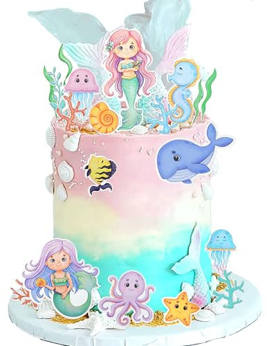 Mermaid Birthday Cake Decorations Sea Ocean Party Favor Supplies for Sea Ocean Theme Baby Shower Birthday Party