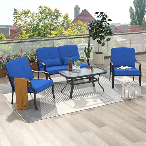 GOPLUS Salon de Jardin Exterieur 4 Personnes, 4Pcs Ensemble Meubles Extérieur avec Table Basse en Verre Trempé, Canapé 2 Personnes Coussins+2 Fauteuils Charge 300KG, pour Patio, Terrasse,Balcon, Bleu