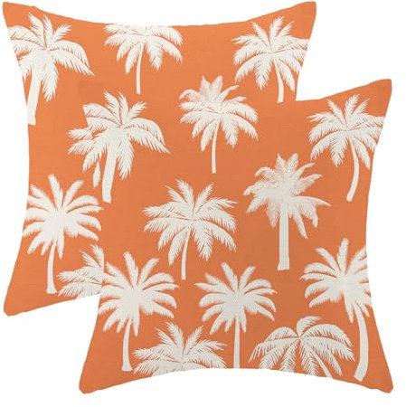 Summer Pillow Covers 18x18 Pack of 2 Orange Cream Palm Tree Decorative Throw Pillow Cover,Modern Tropical Leaves Pillowcase Farmhouse Decorative Cushion Case for Home Sofa Couch,Outdoor Decor