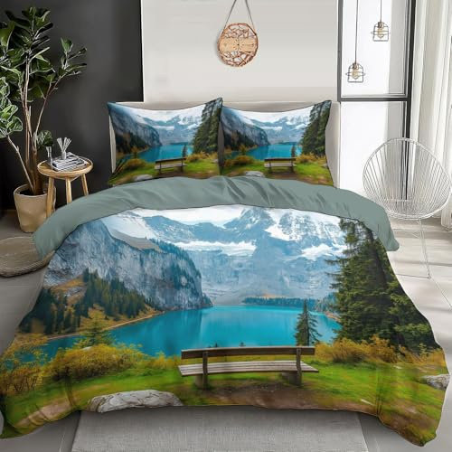 DLERFLOVR Bettwäsche 135x200cm Seeblick Bettwäsche Sets Schweizer Landschaft Bettbezug Bügelfrei & Knitterfrei Deckenbezug mit Reißverschluss und Kissenbezug 80x80 cm