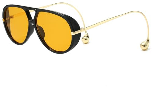 YAMEIZE Retro Pilot Sunglasses for Women Men Oversized 70s Double Bridge Sunglasses With Earring Round Vintage Big Frame Sun Glasses UV400