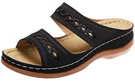 Mules pour femme - Sandales en cuir - Pieds larges - Chaussures d'été respirantes - Semelle extérieure en cuir - Chaussures de jardin - Sandales compensées confortables - Chaussures orthopédiques