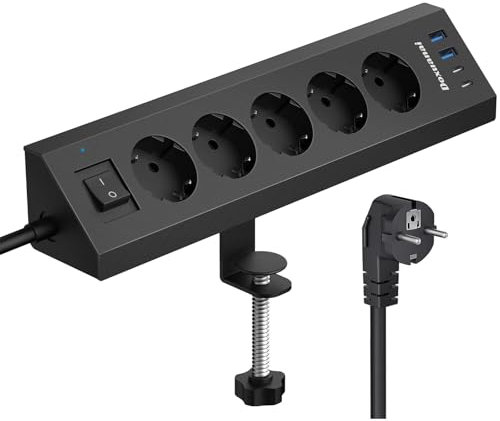 Tischsteckdose mit USB C & Tischklemme, 3680W/16A Steckdosenleiste Schreibtisch, 5 Fach Mehrfachsteckdose 4 USB mit Schalter 2M Kabel, C klemme, Überspannungsschutz für Zuhause Büro Tisch