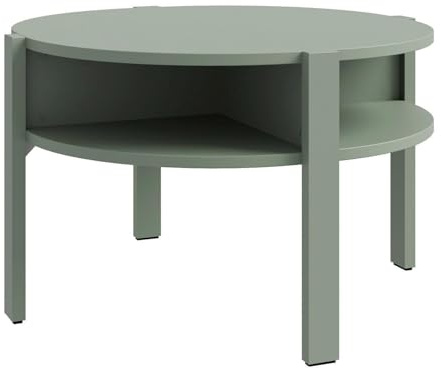 Forte Tobago Couchtisch 80, moderner, runder Sofatisch mit 4 Fächern unter der Tischplatte, Holzwerkstoff, Salbei, 74,4 cm breit x 45,5 cm hoch x 74,4 cm tief