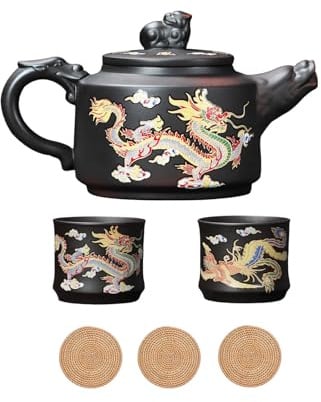 Handgefertigtes Teekannen Set mit Drachen und Phönix Farbwechsel Chinesische Yixing Teekanne aus Lila Ton Keramik 1 Kanne 2 Tassen 315ML Zisha Kung Fu Teeservice Mit Untersetzer (Regulär)
