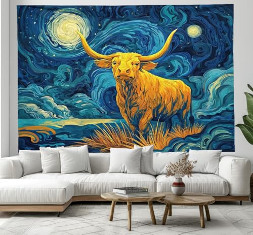 CEDNXOER Wandteppich Sternenhimmel Stier, Wandtuch Tapisserie Wandbehang Süße Tiere Tapestry Wanddekoration für Schlafzimmer130×150cm