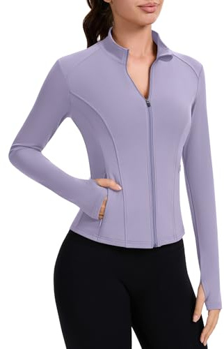 IECCP Women Running Top Sport Jackets Long Sleeve Gym Shirts Workout Fitess Activewear T-Shirt Lightweight Breathable Yoga Tops with Thumb Hole and Zip Side Pocket Purple L