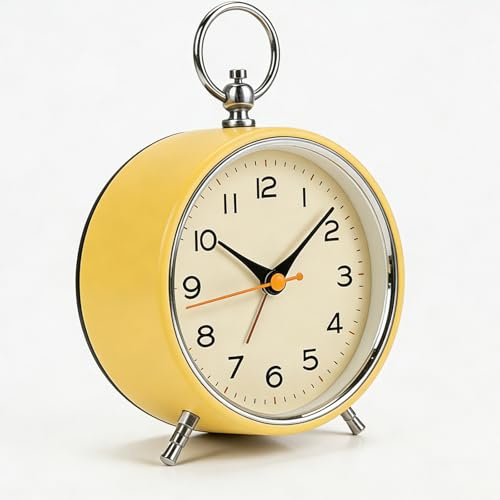 Bcuuozeeing Retro Wecker Analog Ohne Ticken, 4.3'' Runde Analoge Wecker für Schlafzimmer, Lauter Wecker für Tiefschläfer, Kinder, Senioren, Batteriebetrieben, Nachtlicht Snooze (Gelb)