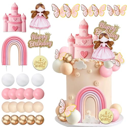 CharmeFleur 34Pcs Prinzessinnen-Kuchendekor Mit Schloss Regenbogen Rosa Schmetterlingen Cartoon-Schloss Und Perlenkugeln Für Rosa Mädchen Prinzessinnen-Motto Geburtstag Babyparty Partyzubehör