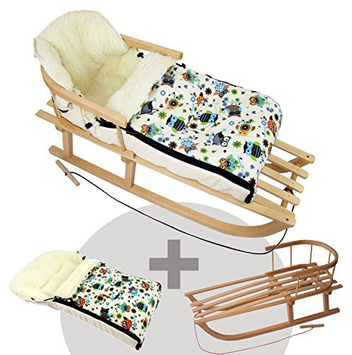 BAMBINIWELT Kombi-Angebot Holz-Schlitten mit Rückenlehne & Zugseil + universaler Winterfußsack (90cm), auch geeignet für Babyschale, Kinderwagen, Buggy, aus Wolle im Eulendesign (Motiv $4)
