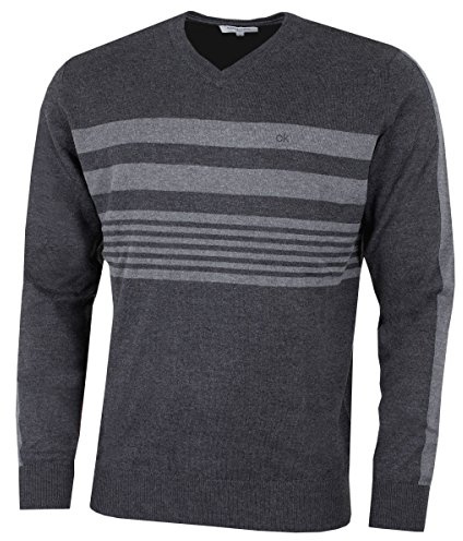 Calvin Klein Mens V Neck Performance Soft Chest Stripe Sweater Charcoal
