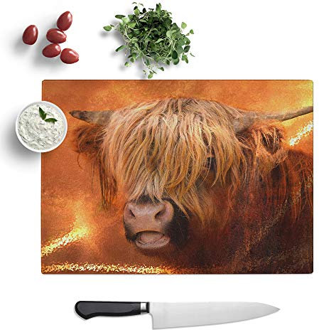 Kitchen Chopping Board Glass - Highland Cow - Textured Worktop Saver Cutting Board - Heat Resistant, Shatterproof and Hygenic - 39 x 28.5 cm