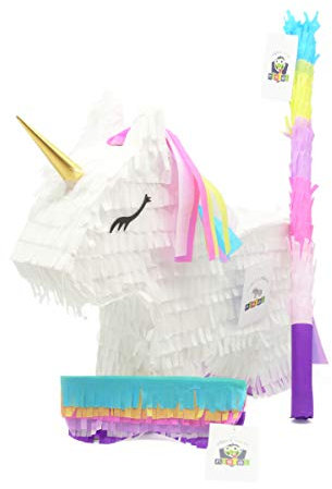 Einhorn Pinata Set | Ideal als Pinata Geburtstag | Pinata Hochzeit | JGA Party | Geschenkidee | Party Dekoration oder Pinataspiel | inkl. Schlagstock und Augenmaske | u. 43x33x10