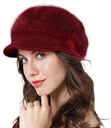 Genfien Schirmmütze für Damen, dick, mit Fleece gefüttert, Wintermütze, Strickmütze, Vintage-Stil, gehäkelt, Schirm, schick, leicht, Winter, rot, Einheitsgröße