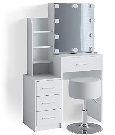 Vicco Schminktisch Conrada, Kosmetiktisch mit Spiegel, Weiß, 80 cm mit LED Beleuchtung und Hocker