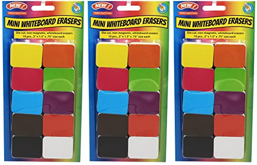 Non-Magnetic Mini Whiteboard Erasers, Assorted, Pack of 30