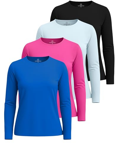 4 Pack: Womens Quick Dry Fit Tech Stretch Long Sleeve Athletic Workout Ladies T-Shirt Tee Top Running Compression UPF Sun Rash Guard Gym - Set 4, L