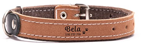 Petsen Personalisierte Hundehalsband mit Namen und Telefonnummer | Hundehalsband Leder | Hunde Halsbänder für Kleine und Große | Dog Collar | Farbe: Braun Große: M