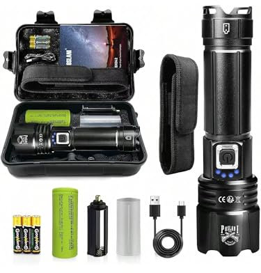 Poslani Lampe Torche Led Ultra Puissante,600000 Lumens Lampe de Poche XHP70.2 Super Brillante,Étanche IPX67,Torche Zoom Rechargeable de Type C 5 Modes D'éclairage (avec 1 batterie de 5000 mAh et AAA)