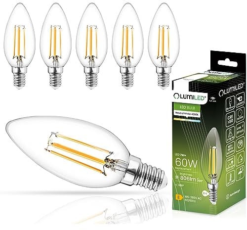Lumiled B35 E14 LED Lampe 7W (ersetzt 60W), 806 Lumen Vintage Filament Klar Glas Leuchtmittel Kerze Kerzeform 4000K Neutralweiß Birne Lampen 360° Strahlwinkel Glühbirnen Kerzenbirnen 6er-Pack