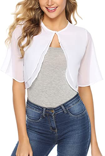 Irevial Coprispalle Donna Bolero Shrug Elegante Maniche a 3/4 Cardigan Corto in Chiffon Leggero Bianco XL