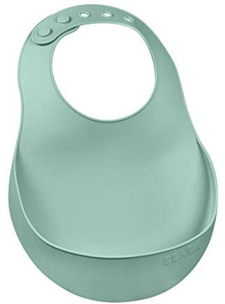BÉABA Babero de Silicona para Bebé, Impermeable, Ajustable, varias muescas, Flexible y Ligero, Ultrasuave, Fácil de limpiar, Fondo ancho para capturar los alimentos, verde salvia
