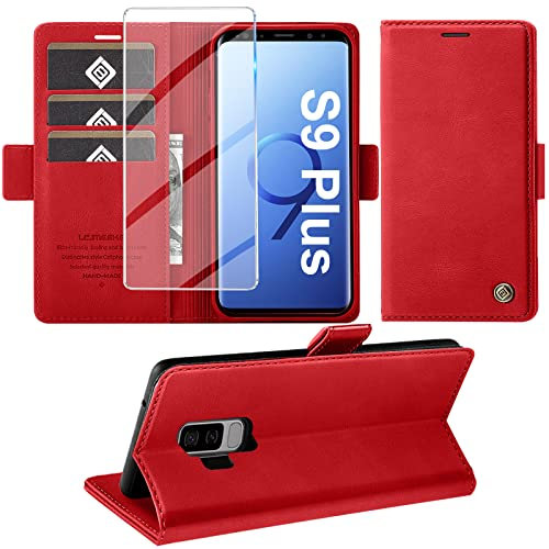 Handyhülle für Samsung Galaxy S9 Plus Hülle mit Schutzfolie, Schutzhülle Galaxy S9 Plus Standfunktion Premium Leder Wallet Silikon Phone Case Cover Hüllen S9 Plus Klapphüllen 6.2 Zoll