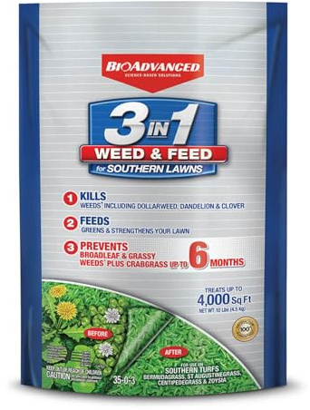 BioAdvanced 3-In-1 Weed and Feed for Southern Lawns - Granules - Kills & Prevents Lawn Weeds - Feeds & Strengthens Lawn - Covers 4,000 Square Feet - 10 lb Bag