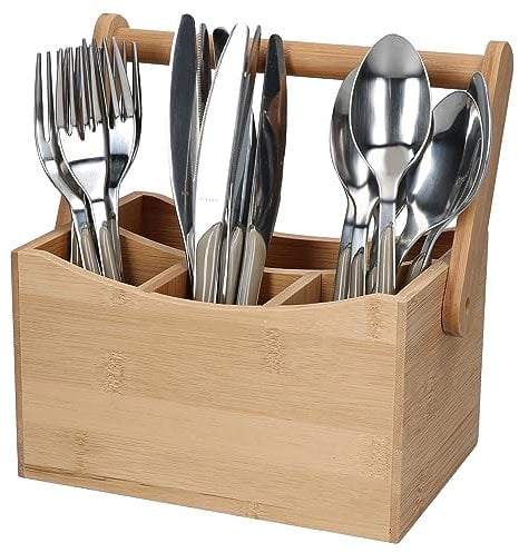 MamboCat Bambus-Besteckkorb mit Besteck für 6 Personen I (LxBxH) 20,2cmx14cmx23,5cm I Besteckkasten mit Tragegriff I Je 6X Gabel, Messer, Löffel I Tischbutler, Organizer beim Grillen