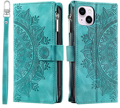 VEEMOS Wallet Case for iPhone 15 Plus Flower Flip Case Protective Leather Folio Book Phone Cover with Card Slots Kickstand Zipper Pocket - Green