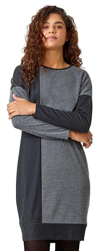Roman Originals Colour Block Stretch Jumper Dress for Women UK - Ladies Everyday Autumn Winter Round Neckline Comfy Soft Evening Vacation Work Party Night Out - Grey - Size 20