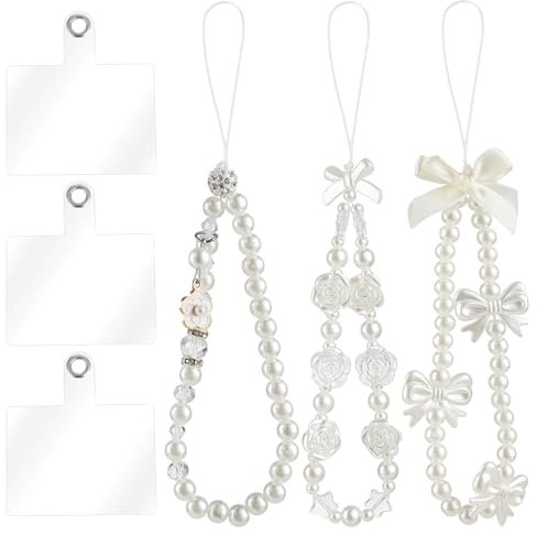 Amaxiu 3Pcs Pearl Beaded Phone Wrist Strap, Hands Free Cute Phone Charms Phone Bracelet Lanyard Phone Wristlet With 3 Back Pad For Girl Women Cellphone Keychain Camera Accessories Charm