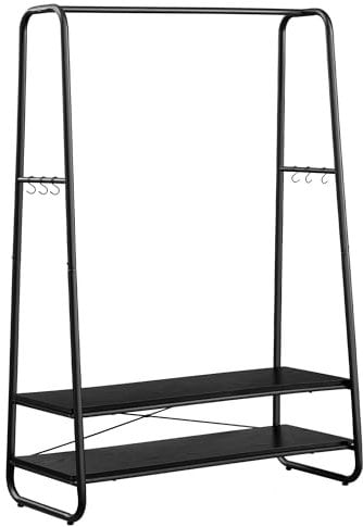 VASAGLE Portant à Vêtement, Porte-Manteaux, Armoire, Vestiaire, avec 2 Étagères, 6 Crochets en Forme de S, Cadre en Acier, pour Chambre, Noir Boisé et Noir Mat RGR112B03