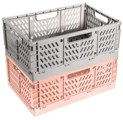 2 Stücke Klappkiste, Kunststoff Stabile Klappboxen, Faltbare Aufbewahrungskorb, Stapelbar Klappkisten Set für Lagerung Küche, Schlafzimmer, Arbeitszimmer, Büro, Garten (Grau+Rosa,30.5*20cm*12cm)